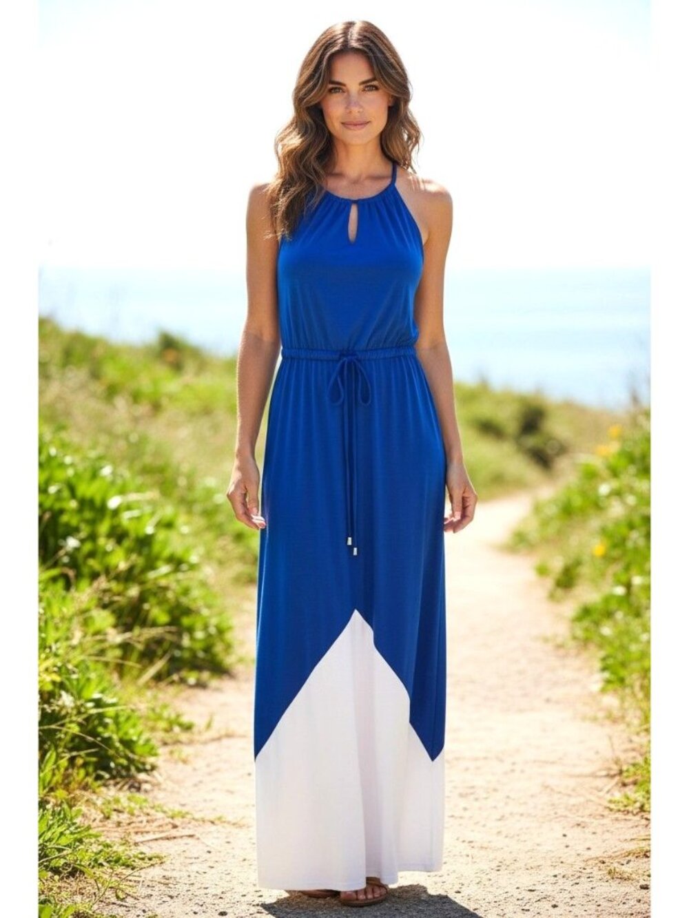 Boston Proper Blue White Colorblock Halter Keyhole Drawstring Maxi Dress Size 8